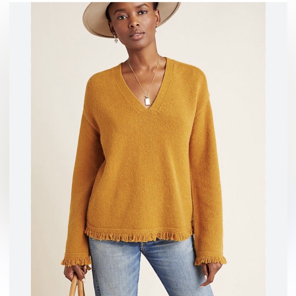 Anthropologie Joy Fringe Hem V-Neck Mustard Sweater Petite Small